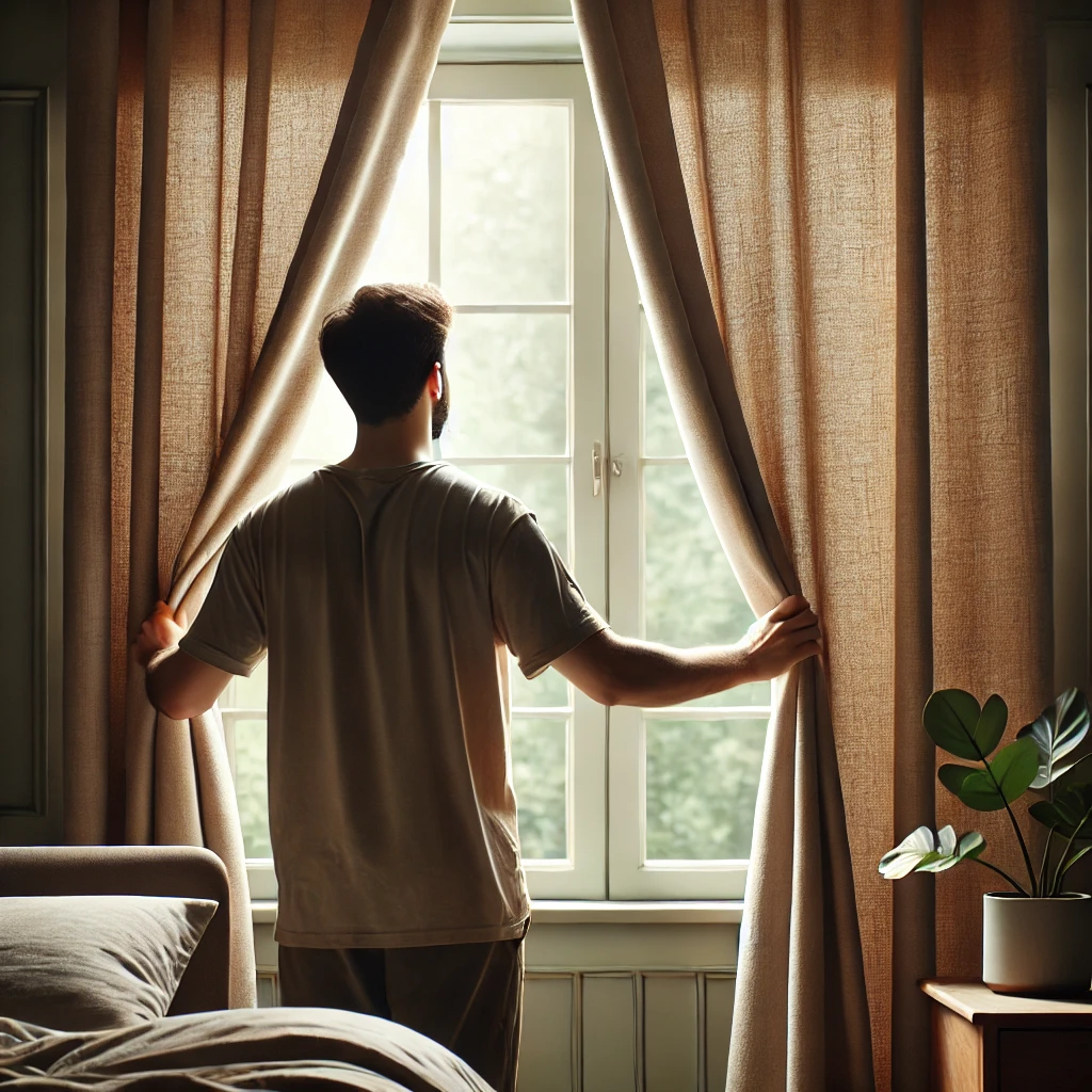 قماش بلاك اوت: هل هو الأفضل لك؟ 6 a man opening curtains in a room