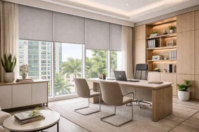 ستائر مكتب رول 2026 أفضل تصاميم عملية من شركة سيدرا 5 ستائر مكتبية حديثة